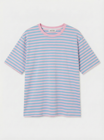 Oona striped t-shirtje lichtblauw/roos